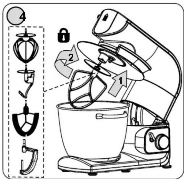 Technical diagram of a kitchen mixer with labeled parts and exploded view