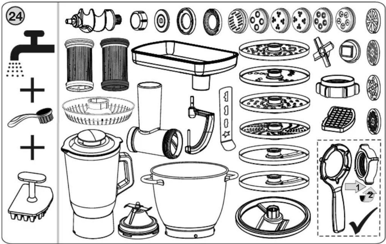 Product catalog page showing exploded view of kitchen cleaning and component assembly with numbered labels