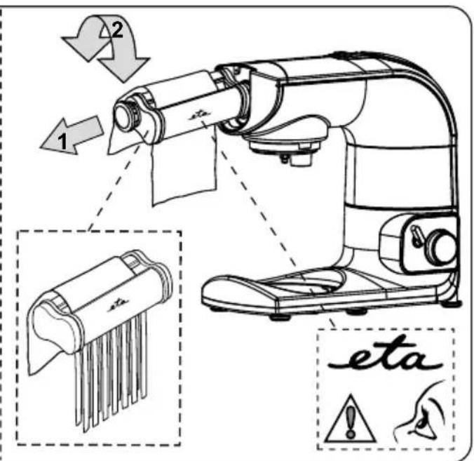 Diagram illustrating a robotic vacuum cleaner with labeled parts and warning symbols for 'eta' and eye detection.