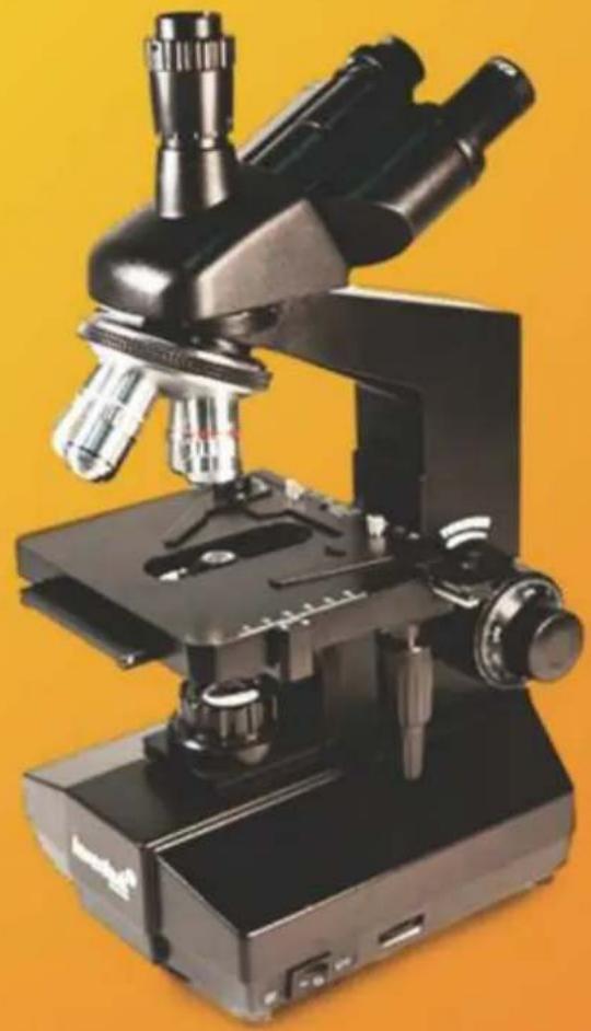 Black-and-white photo of a microscope with dual glass and tripod lenses, mounted on a stand against a solid orange background (no text or symbols visible)