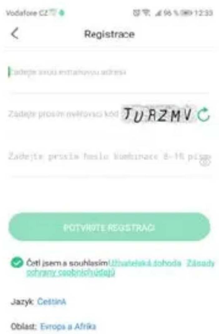 Vodafone CZ 12:33 < Registrace Zadejte prostim věřováci kód TU RZMV Zadejte prostim věřováci kód TU RZMV Zadejte prostim věřováci kód TU RZMV POTVROTE REGISTRACI Četl jserm a souhlasím Užvateleká dohoda Žásady pohrany seobnichůdajů Jazyk: Češtíná Oblast: Evropa a Afrika