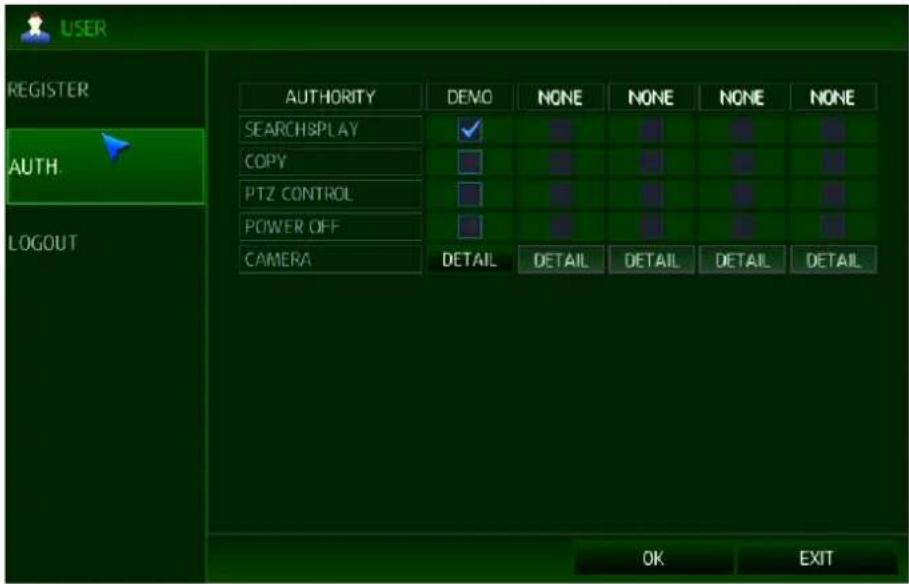 USER REGISTER AUTH. LOGOUT AUTHORITY DEMO NONE NONE NONE NONE SEARCH&PLAY COPY PTZ CONTROL POWER OFF CAMERA DETAIL DETAIL DETAIL DETAIL OK EXIT