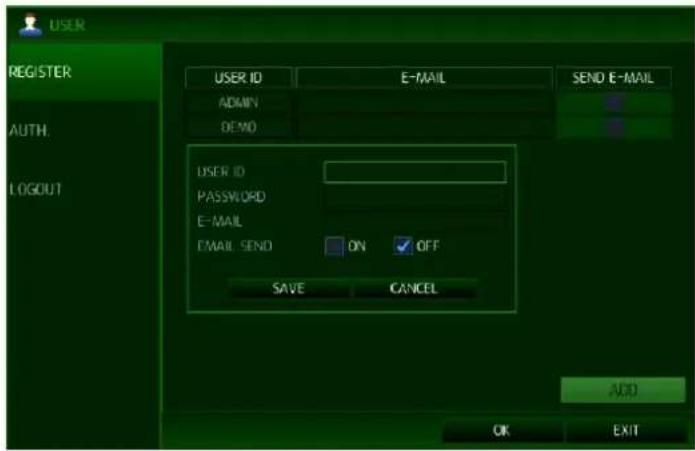 USER REGISTER AUTH: LOGOUT USER ID E-MAIL SEND E-MAIL ADMIN DEMO USER ID PASSWORD E-MAIL EMAIL SEND ON OFF SAVE CANCEL ADD OK EXIT