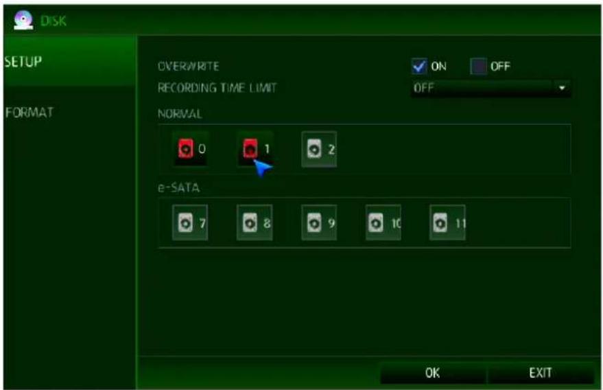 DISK SETUP FORMAT OVERWRITE ON OFF RECORDING TIME LIMIT OFF NORMAL 0 1 2 e-SATA 7 8 9 10 11 OK EXIT