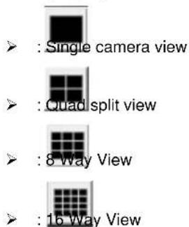 : Single camera view : Quad split view : 8 way View : 16 way View
