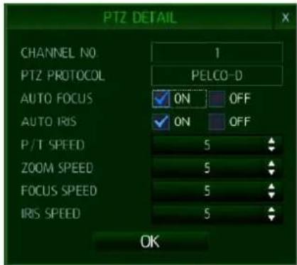 PTZ DETAIL CHANNEL NO 1 PTZ PROTOCOL PELCO-D AUTO FOCUS ON OFF AUTO IRIS ON OFF P/T SPEED 5 ZOOM SPEED 5 FOCUS SPEED 5 IRIS SPEED 5 OK