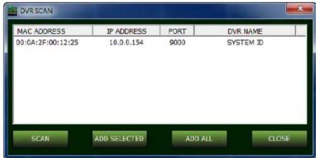 DVR SCAN MAC ADDRESS IP ADDRESS PORT DVR NAME 00:0A:2F:00:12:25 10.0.0.154 9000 SYSTEM ID SCAN ADD SELECTED ADD ALL CLOSE