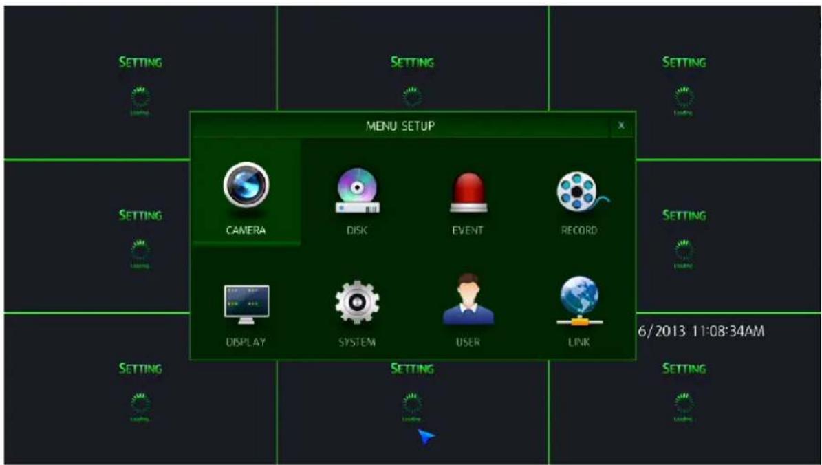 MENU SETUP CAMERA DISK EVENT RECORD DISPLAY SYSTEM USER LINK 6/2013 11:08:34AM SETTING SETTING SETTING SETTING SETTING SETTING SETTING SETTING