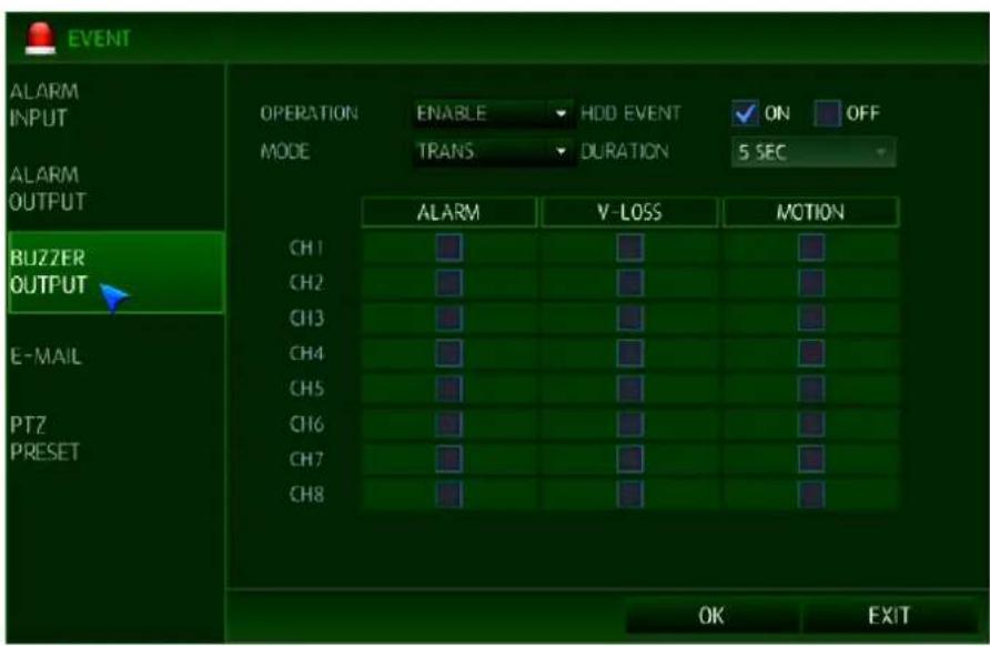 EVENT ALARM INPUT ALARM OUTPUT BUZZER OUTPUT E-MAIL PTZ PRESET OPERATION ENABLE HDD EVENT ON OFF MODE TRANS DURATION 5 SEC ALARM V-LOSS MOTION CH1 CH2 CH3 CH4 CH5 CH6 CH7 CH8 OK EXIT