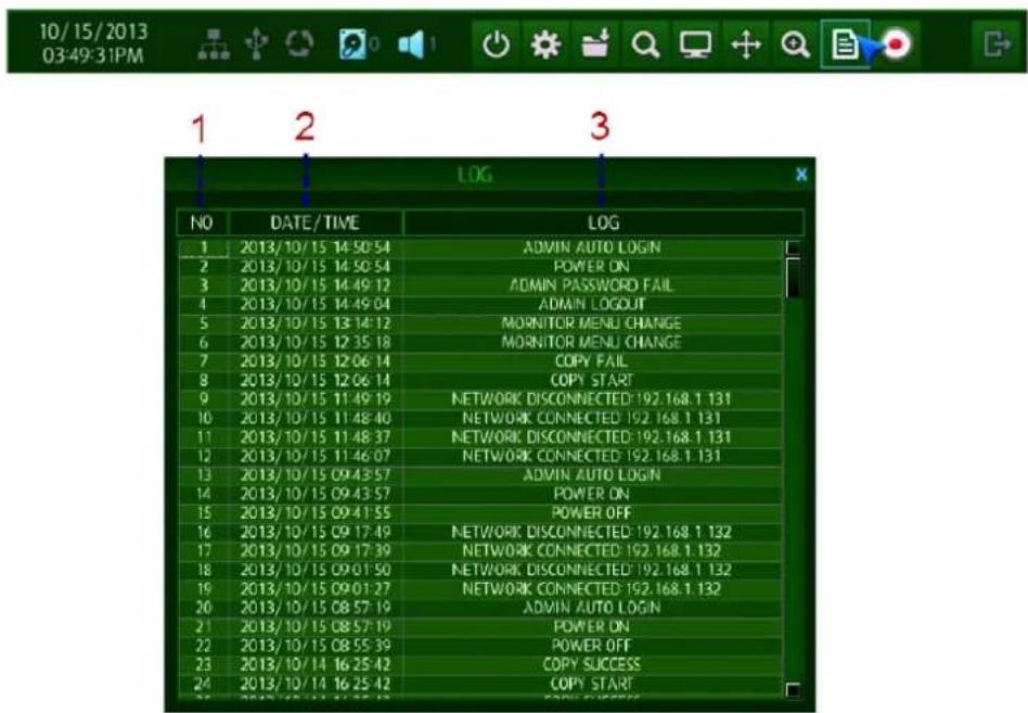 1 2 3 LOG NO DATE/TIME LOG 1 2013/10/15 14:50:54 ADMIN AUTO LOGIN 2 2013/10/15 14:50:54 POWER ON 3 2013/10/15 14:49:12 ADMIN PASSWORD FAIL 4 2013/10/15 14:49:04 ADMIN LOGOUT 5 2013/10/15 13:14:12 MORNITOR MENU CHANGE 6 2013/10/15 12:35:18 MORNITOR MENU CHANGE 7 2013/10/15 12:06:14 COPY FAIL 8 2013/10/15 12:06:14 COPY START 9 2013/10/15 11:49:19 NETWORK DISCONNECTED: 192.168.1.131 10 2013/10/15 11:48:40 NETWORK CONNECTED: 192.168.1.131 11 2013/10/15 11:48:37 NETWORK DISCONNECTED: 192.168.1.131 12 2013/10/15 11:46:07 NETWORK CONNECTED: 192.168.1.131 13 2013/10/15 09:43:57 ADMIN AUTO LOGIN 14 2013/10/15 09:43:57 POWER ON 15 2013/10/15 09:41:55 POWER OFF 16 2013/10/15 09:17:49 NETWORK DISCONNECTED: 192.168.1.132 17 2013/10/15 09:17:39 NETWORK CONNECTED: 192.168.1.132 18 2013/10/15 09:01:50 NETWORK DISCONNECTED: 192.168.1.132 19 2013/10/15 09:01:27 NETWORK CONNECTED: 192.168.1.132 20 2013/10/15 C8:57:19 ADMIN AUTO LOGIN 21 2013/10/15 C8:57:19 POWER ON 22 2013/10/15 C8:55:39 POWER OFF 23 2013/10/14 16:25:42 COPY SUCCESS 24 2013/10/14 16:25:42 COPY START