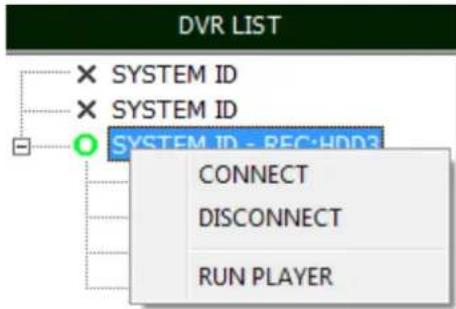 DVR LIST × SYSTEM ID × SYSTEM ID SYSTEM ID - REC:HDD3 CONNECT DISCONNECT RUN PLAYER