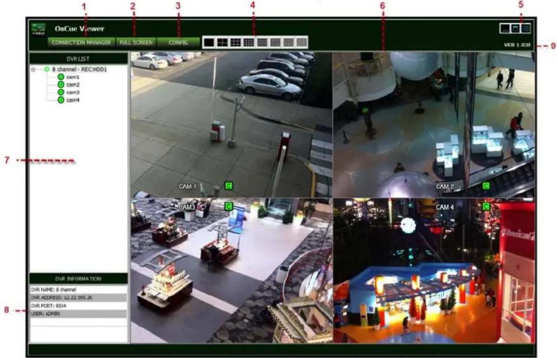 OnCue Viewer CONNECTION MANAGER FULL SCREEN CONFIG VBR LIST 8 channel - RE:HD01 cam1 cam2 cam3 cam4 CAM 1 CAM 2 CAM 3 CAM 4 DVR INFORMATION DVR NAME: 8 channel DVR ADDRESS: 12.22 195.26 DVR PORT: 9554 USER: ADMIN