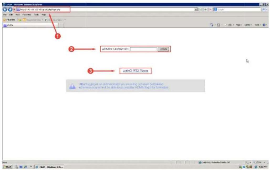 LOGN - Windows Internet Explorer http://190.168.123.45/ve.Intakesparency File Edit View Favorites Tools Help Favorites Suspended Use Tools Help LOGN 1 2 ADMIN PASSWORD: LOGIN 3 AutoX WEB Viewer After logging in an Administrator you must log out when complicated otherwise you will not be able to access the ADMIN login for 5 minutes. After logging in an Administrator you must log out when complicated otherwise you will not be able to access the ADMIN login for 5 minutes.