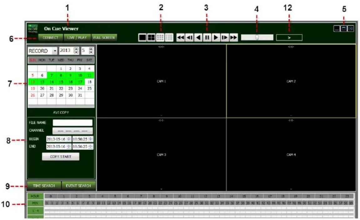 On Cue Viewer CONNECT LIVE/PLAY FULL SCREEN 1 2 3 4 5 6 RECORD 2013 5 MON TUE WED THU FRI SAT 1 2 3 4 5 6 7 8 9 10 11 12 13 14 15 16 17 18 19 20 21 22 23 24 25 26 27 28 29 30 31 CAM 1 CAM 2 AVI COPY FILE NAME CHANNEL ---- ---- ---- BEGIN 2013-05-16 10:56:25 END 2013-05-16 10:56:25 COPY START CAM 3 CAM 4 9 TIME SEARCH EVENT SEARCH HOUR 0 1 2 3 4 5 6 7 8 9 10 11 12 13 14 15 16 17 18 19 20 21 22 23 MIN 01 02 03 04 05 06 07 08 09 10 11 12 13 14 15 16 17 18 19 1 -4 57.58