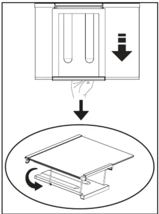 Diagram illustrating a mechanical setup with a hand pressing down a component and rotating a slide, showing directional arrows.