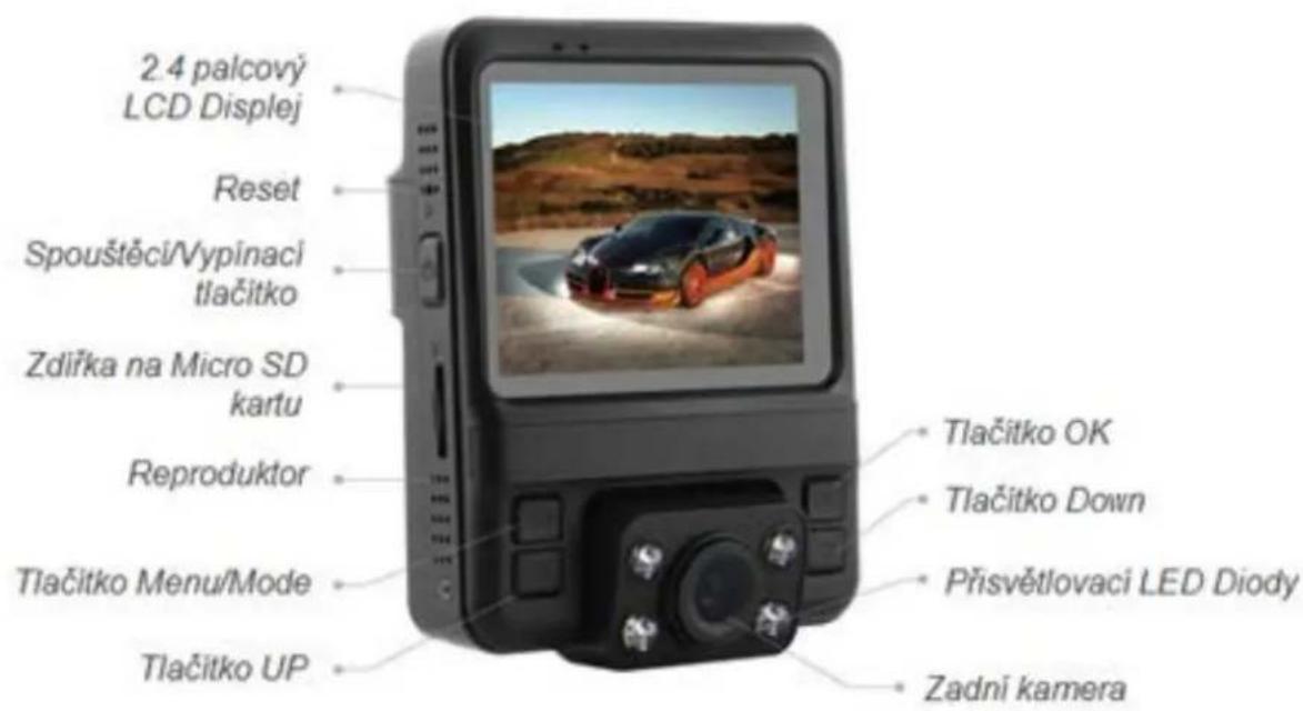 2.4 palcový LCD Displej Reset Spouštěcí/Vypínací tlačitko Zdiřka na Micro SD kartu Reproduktor Tlačitko Menu/Mode Tlačitko UP Tlačitko OK Tlačitko Down Přisvětlovaci LED Diody Zadní kamera