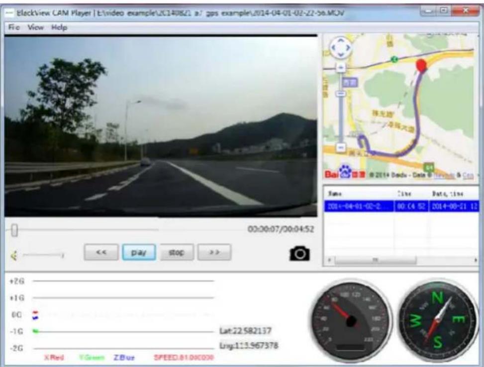 BlockView CAM Player | E:\video example\2014-08-21 a:/ gps example\2014-04-01-02-22-36.MOV Fic View Help 00:00:07/00:04:52 +2G +1G 0G -1G -2G Lat:22.582137 Lng:13.967378 X Red Y Green Z Blue SPEED:81.090000 Date: Date: Date: 2014-04-01-02-2 00:04:52 2014-08-21 12