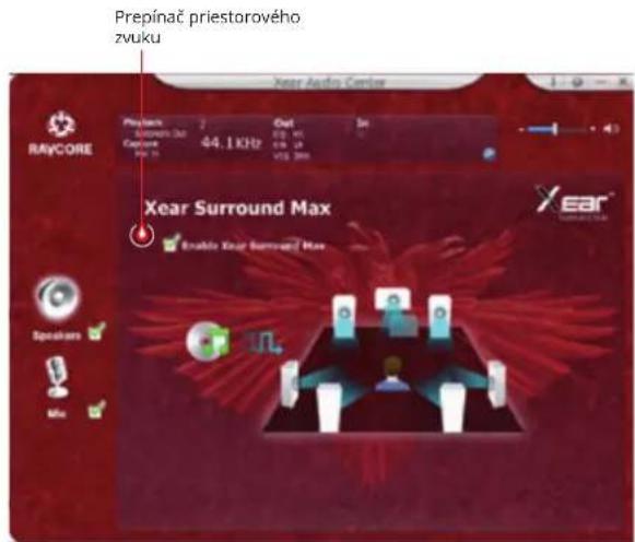 Prepínač priestorového zvuku Xear Audio Center Playback 44.1 KHz Out 102. MHz Capacise VCS 300 Xear Surround Max Enable Xear Surround Max EAR® Speaker Mio