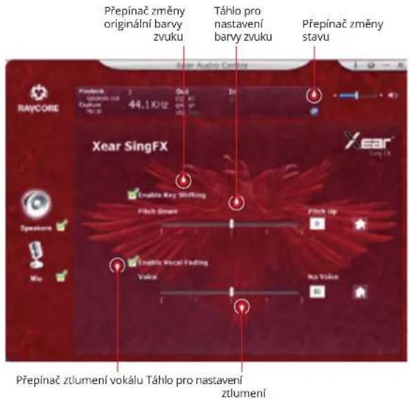 Přepínač změny originální barvy zvuku Táhlo pro nastavení barvy zvuku Přepínač změny stavu Xear SingFX Year Sing FX Erlabla Key Shifting Pitch Green Pitch Up Erlabla Vocal Fading Vake No Voice Přepínač ztlumení vokálu Táhlo pro nastavení ztlumení