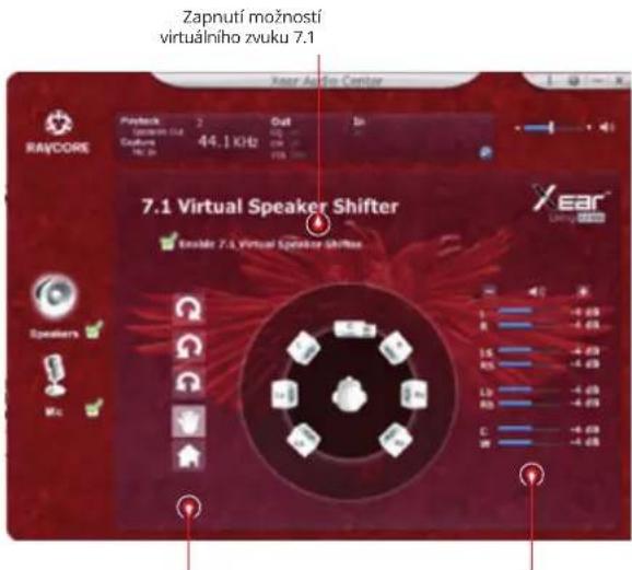 Zapnutí možností virtuálního zvuku 7.1 Xaar Audio Center Raycore Playback 44.1 kHz Out In 7.1 Virtual Speaker Shifter Erale 7.1 Virtual Speaker Shifter EAR Loving Speakers R S R5 L5 R5 C W -4.69 -4.69 -4.69 -4.69 -4.69 -4.69 -4.69 -4.69