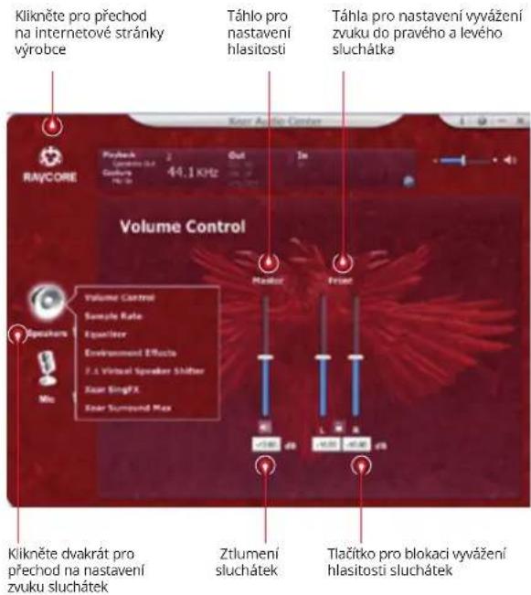 Klikněte pro přechod na internetové stránky výrobce Táhlo pro nastavení hlasitosti Táhla pro nastavení vyvážení zvuku do pravého a levého sluchátka Volume Control VOLUME CONTROL Sample Rate Speaker Environment Effects 7.1 Virtual Speaker Shifter Xan SingFX Xan Surround Max Klikněte dvakrát pro přechod na nastavení zvuku sluchátek Ztlumení sluchátek Tlačitko pro blokaci vyvážení hlasitosti sluchátek