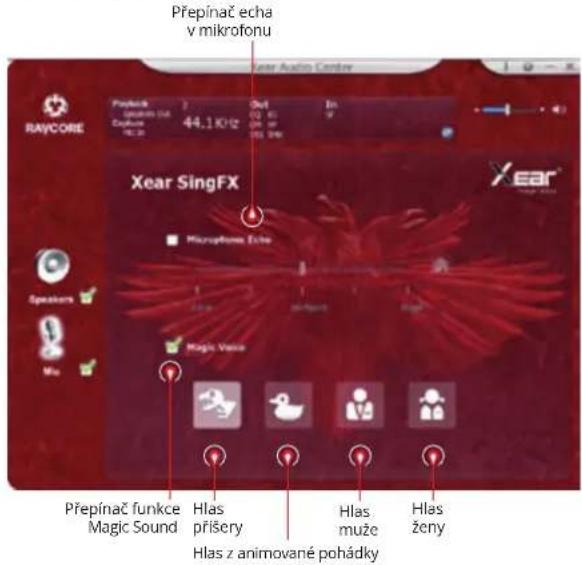 Přepínač echa v mikrofonu Xear Audio Center RAYCORE Product Spectrum 154 Cycium 44.1 KΩ Out In 200 200 300 300 Xear SingFX Microphones Echo Speaker Magic Voice Přepínač funkce Magic Sound Hlas příšery Hlas z animované pohádky Hlas muže Hlas ženy