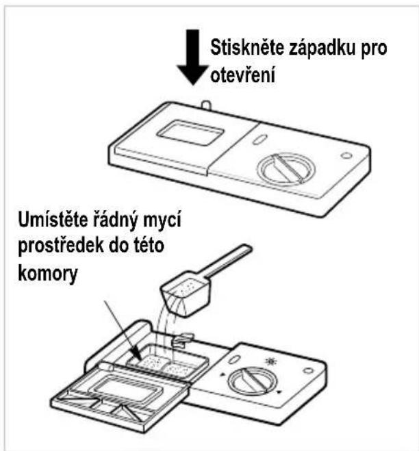 Stiskněte západku pro otevření Umístěte řádný mycí prostředek do této komory