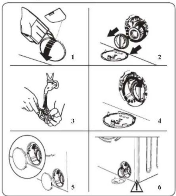 Six-step diagram illustrating mechanical assembly steps with labeled components and directional arrows