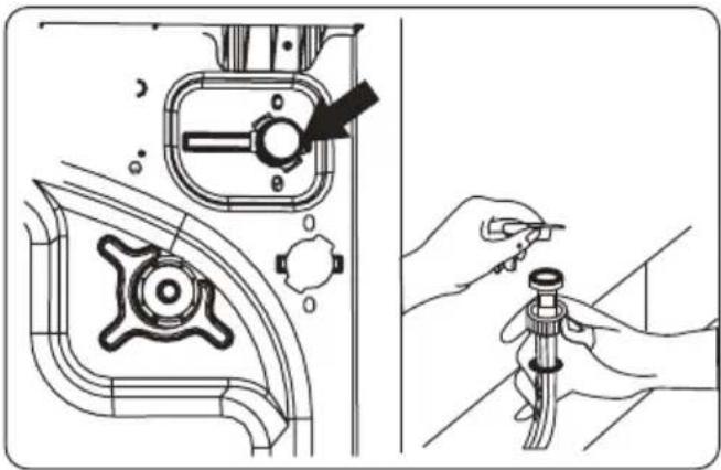 Technical diagram showing mechanical assembly steps with labeled components and a hand holding a pipe fitting tool.