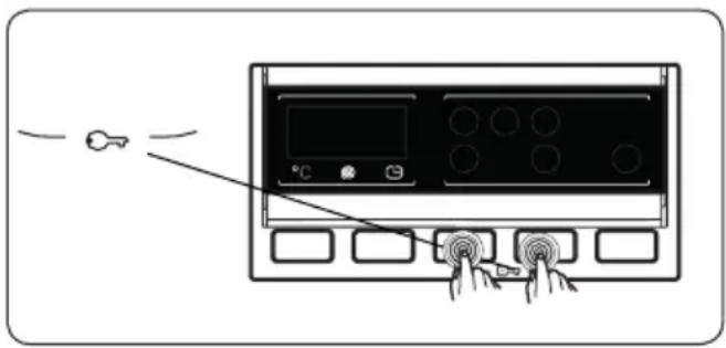 Diagram showing a device control panel with labeled buttons and a hand pointing to the button, indicating a function or operation.