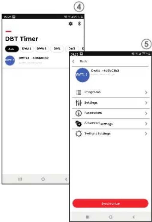 DBT Timer ALL DWA 1 DWA 2 DW1 DW2 DWTL1 -4D6B03B2 DWTL1 -4D6B03B2 DWTL1 Programs Settings Parameters Advanced settings Twilight Settings Synchronize