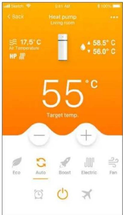 Sketch 4:41 AM $ 100% Back Heat pump Living room 17.5°C Air Temperature HP 58.5°C 56.0°C 55°C Target temp. Eco Auto Boost Electric Fan