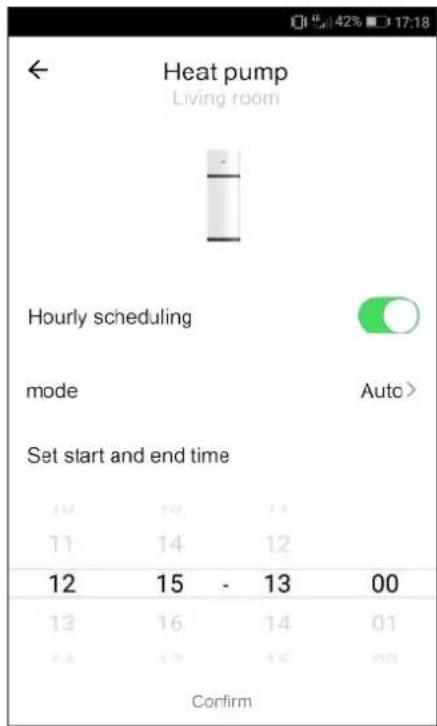 Heat pump Living room Hourly scheduling mode Auto > Set start and end time 10 12 14 11 14 12 12 15 - 13 00 13 16 14 01 14 17 16 Confirm