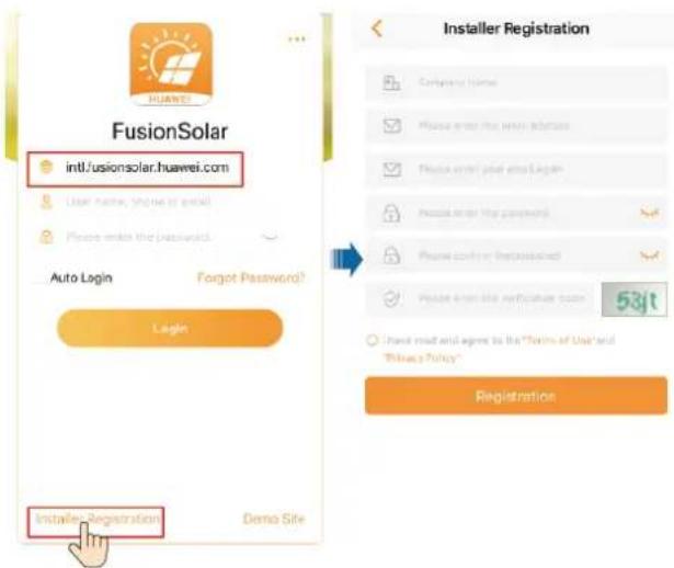 FusionSolar intl.usionsolar.huawei.com User name, phone or email Please enter the password. Auto Login Forgot Password? Login Installer Registration Demo Site Installer Registration Compatible Home Please enter your password Please enter your password Please confirm that password Please enter the certificate room 53jt Have read and agree to fix "Terms of Use" and "Privacy Policy" Registration