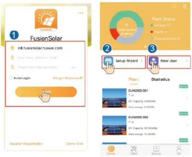 FusionSolar infl.fusionsolar.huawei.com User name: phone or email Please enter the password Auto Login Forgot Password? Help Install® Registration Demo Site Plant Status New User Setup Wizard > New User Plant Statistics SUN2000-001 *. xx DC Capacity: 60/300kWp Daily energy: 9.24GHz DUN2500-502 *. xx DC Capacity: 60/300kWp Daily energy: 73.5GHz Home OSM Device My