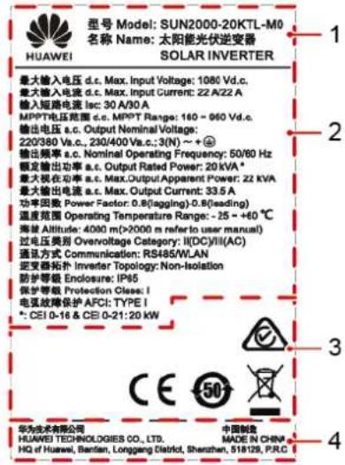 型号 Model: SUN2000-20KTL-M0 名称 Name: 太阳能光伏逆变器 SOLAR INVERTER HUAWEI 最大输入电压 d.c. Max. Input Voltage: 1080 Vd.c. 最大输入电流 d.c. Max. Input Current: 22 A/22 A 输入短路电流 Isc: 30 A/30 A MPPTT电压范围 d.c. MPPT Range: 160 ~ 960 Vd.c. 输出电压 a.c. Output Nominal Voltage: 220/380 Va.c., 230/400 Va.c.; 3(N) ~ + + 输出频率 a.c. Nominal Operating Frequency: 50/60 Hz 额定输出功率 a.c. Output Rated Power: 20 KVA* 最大现在功率 a.c. Max.Output Apparent Power: 22 KVA 最大输出电流 a.c. Max. Output Current: 33.5 A 功率因数 Power Factor: 0.8 (lagging)-0.8 (leading) 温度范围 Operating Temperature Range: -25 ~ +60 °C 海拔 Altitude: 4000 m (>2000 m refer to user manual) 过电压类别 Overvoltage Category: I/(DC)/II/(AC) 通讯方式 Communication: RS485/WLAN 逆变器拓扑 Inverter Topology: Non-Isolation 防护等级 Enclosure: IP85 保护等级 Protection Class: I 电弧故障保护 AFCI: TYPE I *: CE 0-16 & CE 0-21:20 kW CE 50 华为技术有限公司 中国制造 MADE IN CHINA HQ of Huawei, Banlan, Longgang District, Shenzhen, 518128, P.R.C.