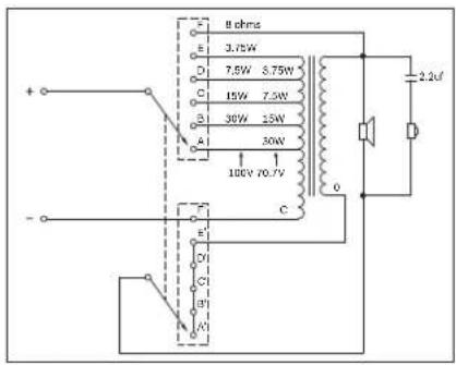 8 ohms 3.75W 7.5W 3.75W 15W 7.5W 30W 15W 30W 100V 70.7V C 2.2μF + - E O C B A I I1 I2 I3 I4 I5 I6 I7 I8