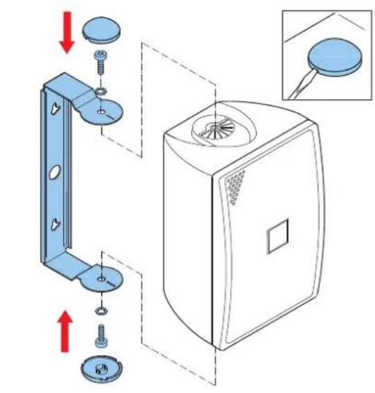 Technical diagram showing installation of a wall-mounted device with labeled components and directional arrows indicating assembly or assembly.
