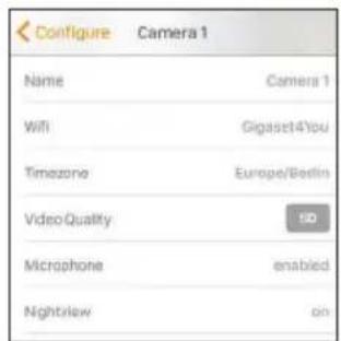 Configure Camera 1 Name Camera 1 Wifi Gigaset4You Timezone Europe/Berlin Video Quality ISO Microphone enabled Nightview on