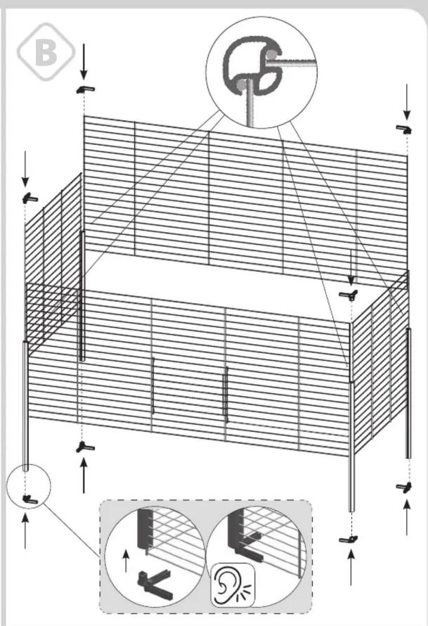 Technical diagram showing structural assembly with labeled components and directional arrows, including a magnified inset of a component detail.