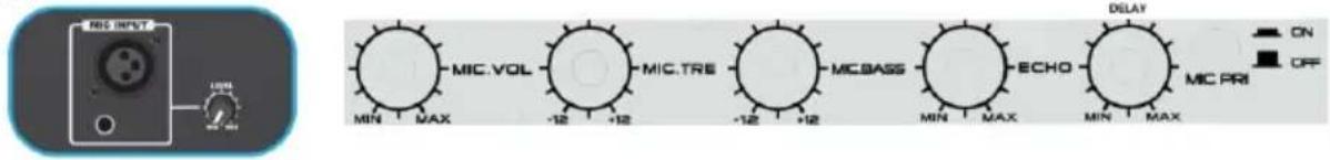 MIC INPUT MIN MAX 100% MIC.VOL -12 +12 MIC.TRE -12 +12 MCBASS ECHO MIN MAX MIN MAX DILAY ON OFF MIC PRI