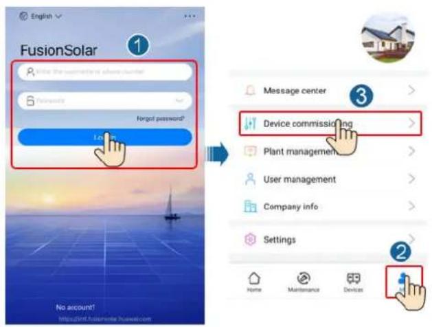 English FusionSolar 1 Write the command-line account 6 Forgot password? I.e. Message center 3 Device commissioning Plant management User management Company info Settings Home Maintenance Devices 2 No account! http://wind.bolome@huawel.com