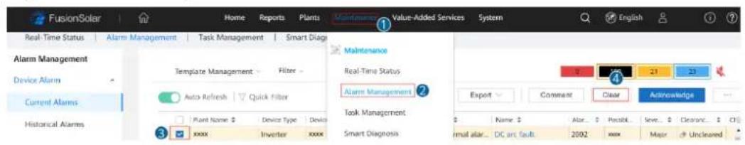 FusionSolar Home Reports Plants Maintenance Value-Added Services System English Real-Time Status Alarm Management Task Management Smart Diage 1 Alarm Management Device Alarm Current Alarms Historical Alarms Template Management Filter Auto Refresh Quick Filter Plant Name Device Type Devio xxxx Inverter xxxx Maintenance Real-Time Status Alarm Management Task Management Smart Diagnosis Export Comment Clear Acknowledge Name Alar.. Posibl. Save.. Cleanac .. C# rmal alar.. DC art fault 2002 xxx Major Uncleaned