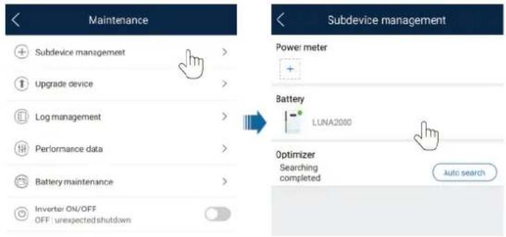 Maintenance Subdevice management Upgrade device Log management Performance data Battery maintenance Inverter ON/OFF OFF: unexpected shutdown Subdevice management Power meter Battery LUNA2000 Optimizer Searching completed Auto search
