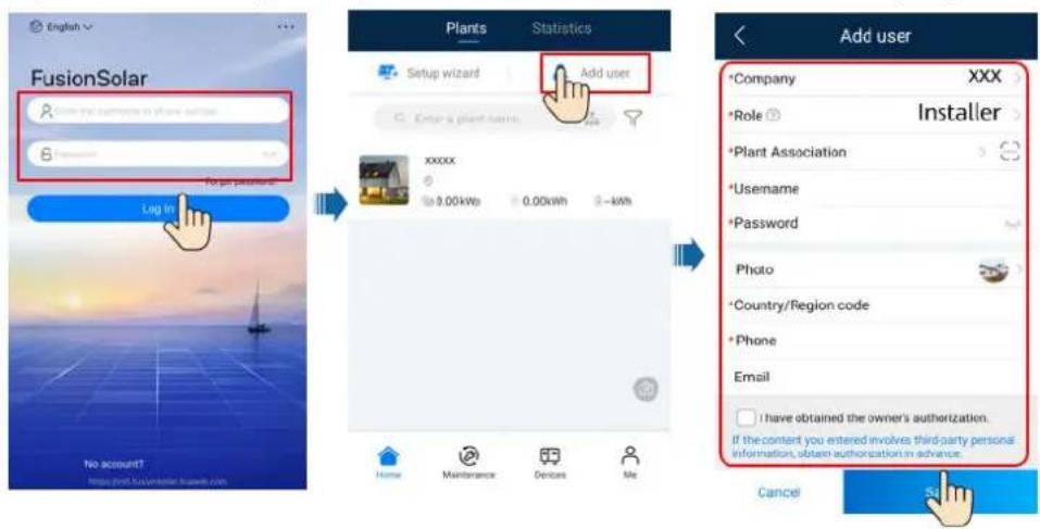 English FusionSolar Log In No account! https://print.fusionstar.buwm.com/ Plant Statistics Setup wizard Add user xxxxx 0.00kWh 0.00kWh - kWh Home Maintenance Devices Me Add user *Company XXX *Role Installer *Plant Association *Username *Password Photo *Country/Region code *Phone Email I have obtained the owner's authorization. If the content you entered involves third-party personal information, obtain authorization in advance. Cancel