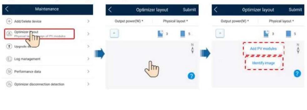 Maintenance Add/Delete device Optimizer mout Physical layout design of PV modules Upgrade data Log management Performance data Optimizer disconnection detection Optimizer layout Submit Output power(W) • Physical layout • 3 5 N ? Add PV modules Identify image ?