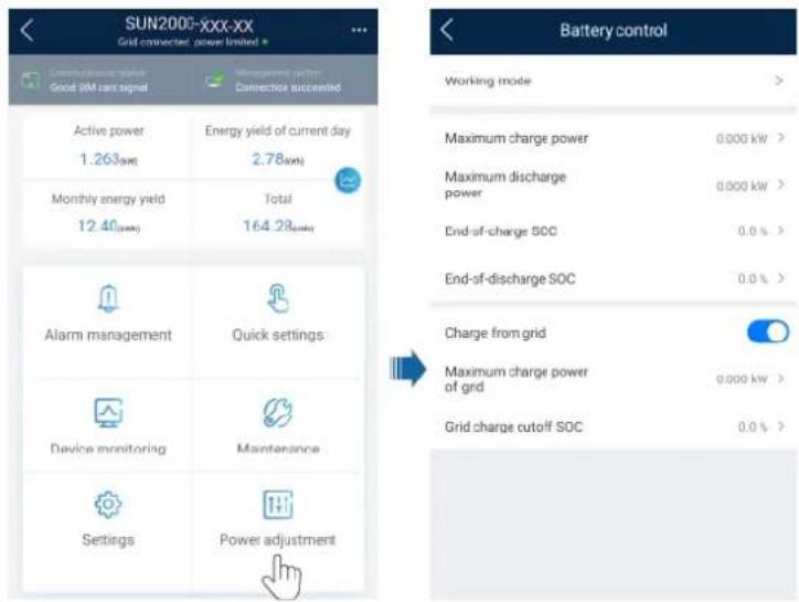 SUN2000-XXX-XX Grid connected, power limited * Good 3AM scan signal Management system Connective successful Active power 1.263(kw) Energy yield of current day 2.78(kw) Monthly energy yield 12.46(kw) Total 164.28(kw) Alarm management Quick settings Device monitoring Maintenance Settings Power adjustment Battery control Working mode > Maximum charge power 0.000 kW > Maximum discharge power 0.000 kW > End-of-charge SOC 0.0 % End-of-discharge SOC 0.0 % Charge from grid Maximum charge power of grid 0.000 kW > Grid charge cutoff SOC 0.0 % >