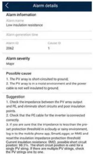 Alarm details Alarm information Alarm name Low insulation resistance Alarm generation time Alarm ID Cause ID 2062 1 Alarm severity Major Possible cause 1. The PV array is short-circuited to ground; 2. The PV array is in a moist environment and the power cable is not well insulated to ground. Suggestion 1. Check the impedance between the PV array output and PE, and eliminate short circuits and poor insulation points. 2. Check that the PE cable for the inverter is connected correctly. 3. If you are sure that the impedance is less than the pre-set protection threshold in a cloudy or rainy environment, log in to the mobile phone app, SmartLogger, or NMS and reset the insulation impedance protection threshold. Current insulation resistance: GMO, possible short circuit position: 99.5%. The short circuit position is valid for a single PV string. If there are multiple PV strings, check the PV strings one by one.