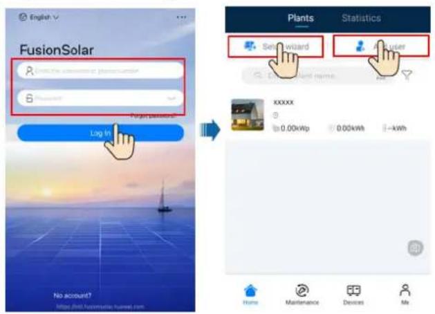 English FusionSolar Log In No accoued? Home Maintenance Devices My Plants Statistics Selk wizard User XXXXX 0.00kWp 0.00kWh -kWh