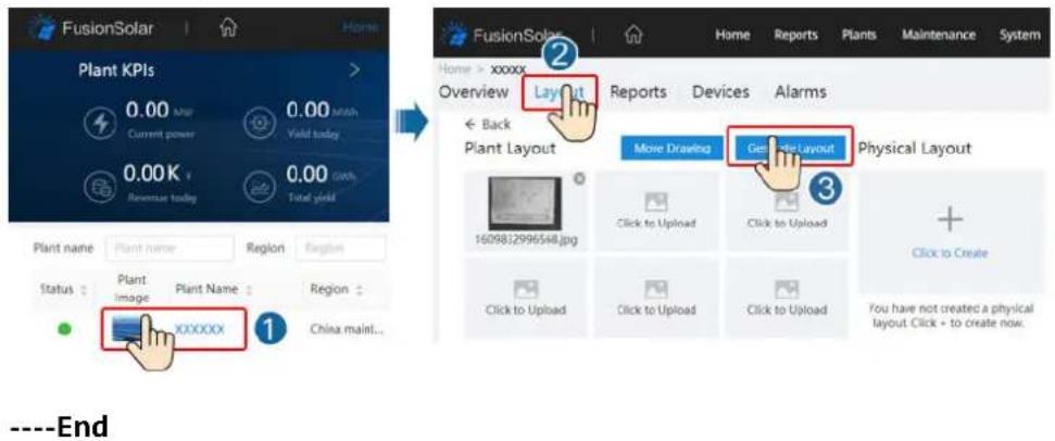 FusionSolar Plant KPIs 0.00 MP Current power 0.00 kWh Yield today 0.00 K Revenue today 0.00 GWh Total yield Plant name Plant name Region Status Plant Image Plant Name Region XXXXXX China main... ----End FusionSolar Home > xxxx Overview Layout Reports Devices Alarms ← Back Plant Layout Move Drawing Get Layout Physical Layout 16098/2996548.jpg Click to Upload Click to Upload + Click to Upload Click to Upload Click to Upload You have not created a physical layout. Click + to create now. 3